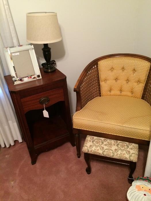   Caned back/upholstered chair; nightstand; lamp