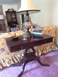                Antique table; hand painted lamp 