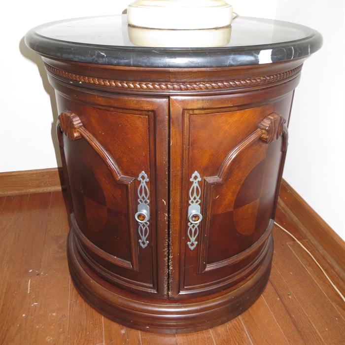Round wood end table with marble top