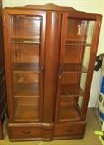 #25 Mahogany 3 wood shelves 2 doors 2 drawers 59 1/2" High X 63" High to top of back splash X 36 1/2" Wide X 15" Deep