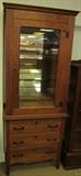 #24 Oak 2 Piece 4 glass shelves lighted top with 3 drawers lower unit. Very thick & heavy oak. 82" High X 32 1/2" Wide X 20" Deep with hammered hinges and drawer pulls