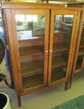 #18 Oak 2 door 3 wood shelf with mirrored back for top shelf rectangular china cabinet 59 1/2" High X 62" High to top of back splash X 40" Wide X 16" Deep