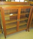 Oak Arts & Crafts 2 door 3 wood shelf rectangular china cabinet 65" High X 69 1/2" High to top of splash board X 47" Wide X 16" Deep