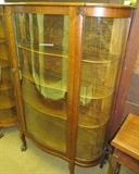 #13 Oak Serpentine glass door w/curved sides 3 wood shelves china cabinet 63 1/2" High X 46" Wide X 14" Deep