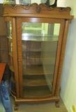 #26 Oak bow front china cabinet ornate splash board claw feet 65 1/2" High X 72" High to top of splash board X 43" Wide X 17" Deep