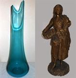 Tall Cased Glass Vase and Chalkware Statue