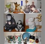 Lots of Attractive Knick Knacks; Iron Cat Doorstop, Carnival Glass Plate, Cute Monkeys and lots more