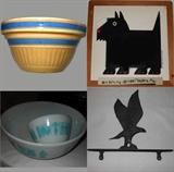 Great Small Yellow Ware Bowl, Signed Framed Scottie Tile, Pyrex Bowls and Metal 7Eagle 