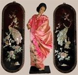 Pair of Mother of Pearl Lacquered Plaques and Tall Vintage Asian Doll