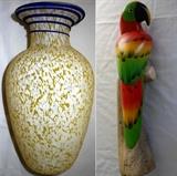 Cased Glass Vase-Cluthra Style and Attractive Wooden Parrot 