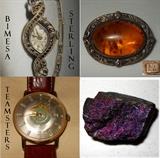 Bimesa Sterling and Marcasite 17 Jewel Watch, Teamsters Men's Watch, Old Sterling and Amber Brooch 
