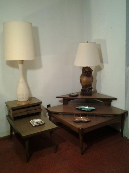 Mid Century Tri Level Corner Table, End Table, Owl Lamp