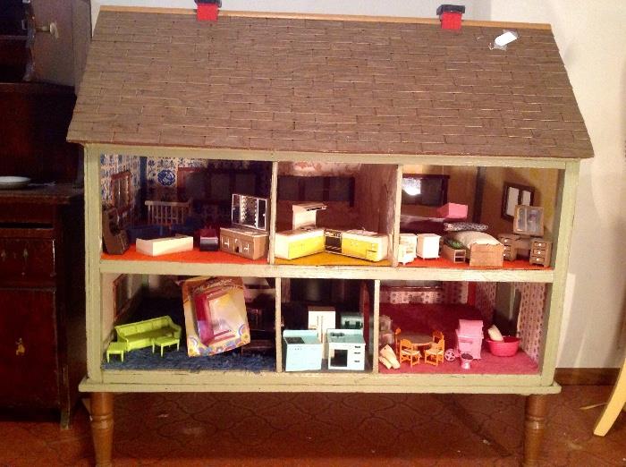 Vintage Doll furnishings and handmade Vintage Doll house