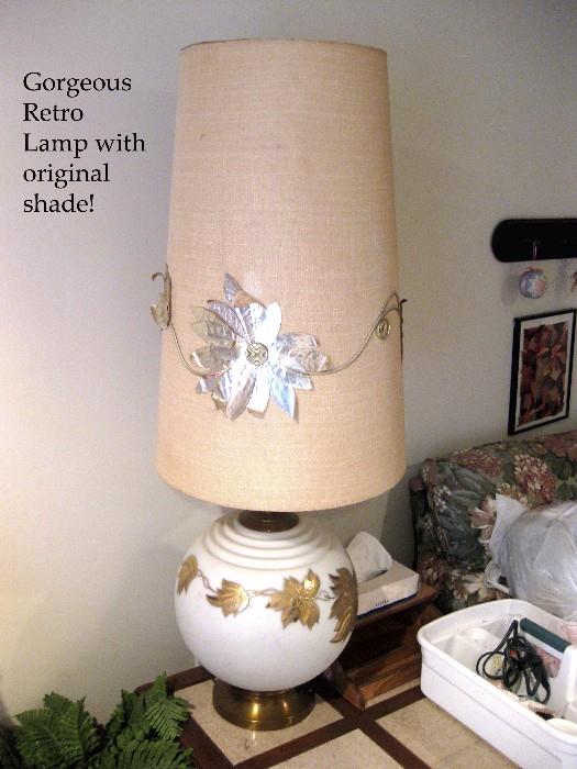 Tall Retro 50's lamp with raised gold leaf design on base and shade has raised design too1