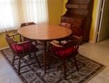Ethan Allen Dining Table with four chairs. There are an additional two chairs that match perfectly but are not Ethan Allen. Cushions are hand made by Mrs. Catko.