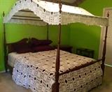 Ethan Allen American Traditional Canopy Queen Size Bed with custom made Crocheted Bedspread and Canopy.