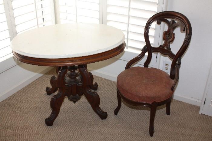 Marble Top Table & Antique Chair