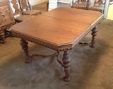 1940's Gothic Revival walnut dining table - includes one leaf & full pads.  Top is perfect!