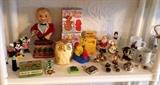 Fun collectibles: Mickey & Minnie Mouse figurines, tin litho battery-powered bartender, awesome owl transistor radio, yellow transistor radio with original box (made in Hong Kong), Disney mugs & more...