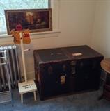 Winnie the Pooh "Hunny Tree" childs coat rack, "Rhododendron" brand steamer trunk (made in Seattle) & landscape painting on velvet in gilt frame