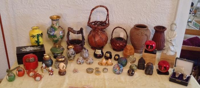 TONS of Japanese items: cloisonne vases & lighters, ikebana baskets, lacquer musical jewelry box with abalone inlay, figural salt & pepper shakers, Daruma, glass paperweights (one by Orient & Flume), Kwan Yin figurine & much more...