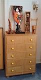 Dresser with fun yellow drawer pulls, fancy paddle fan with stand & Japanese wooden pail