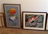 Silk embroidery pictures of crane & koi