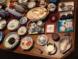 More Japanese ceramics including some Nippon, enamel-on-metal trays, more tea sets, large oval covered serving bowl, assorted silverplate flatware