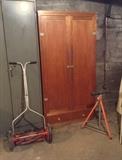 Great State push lawn mower, another hand made wooden closet/armoire (36" x 70" x 23" deep), 3-legged work stand