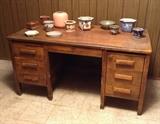 Funky wood desk & assorted planters (some Haeger)