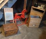 Old Japanese wooden crates, vintage washboard, red "Wonder Horse" & old school adding machines