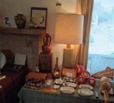 On mantel: glass horse, Japanese vases & small painting. On tables: pair of Imari goblets in presentation box - from Gumps!, small wood chest, red 4 handle vase w/ clouds & cranes, metal vases w/ gilt decoration, vintage Martz lamp with original shade & traces of paper label, tiny teapot set, 2 Mariners baseballs, marble-base desk set w/ inkwells & original box, Ichiro 2001 rookie bobblehead