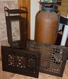 Antique Cast Iron Floor Vents, Antique Copper Fire Extinguisher, Vintage Mid-Century Modern Black Metal Mesh Floor Rack