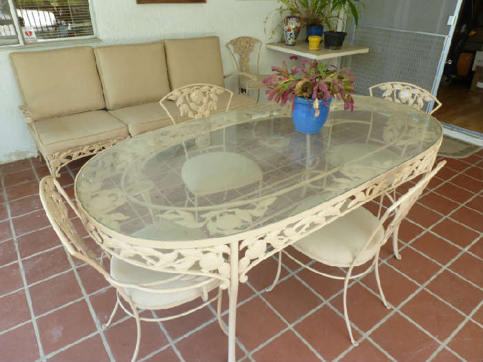 Oval iron table with 6 chairs (also) matching round iron table with 4 chairs, square coffee table