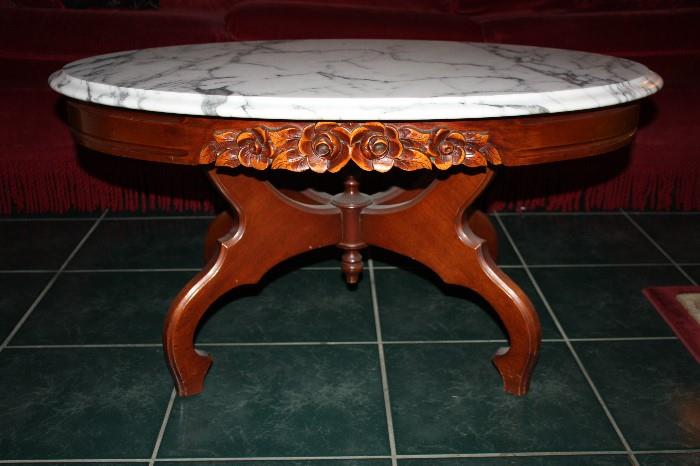 Coffee Table / Carved Wood / Marble Top / Heavy Piece.