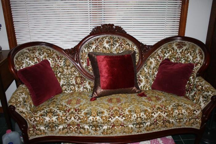 Victorian Sofa / Ornately Carved / Multi Color Seamed / Antique / Mahogany / Appraised 