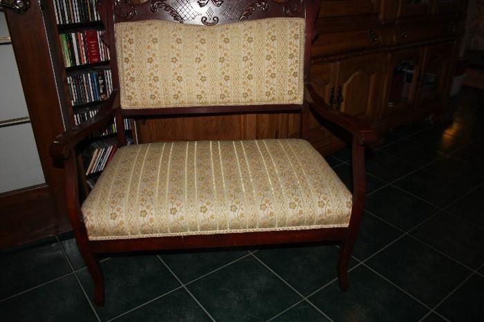 Victorian Chair / Carved Wood / Wide / Antique / Gold Floral Pattern
