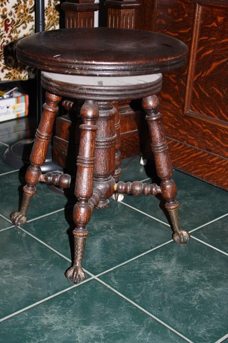 Antique Piano Stool / Claw Feet / Glass Balls