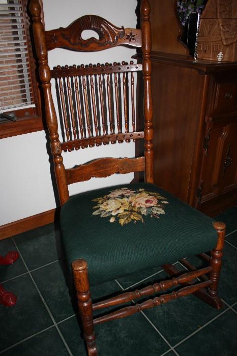 Antique 10 spindle back Rocking Chair / Needlepoint / Green w/floral pattern / Wood hand carved /Ornate