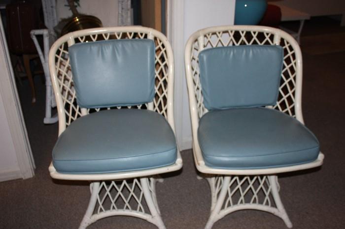 Bamboo Chairs w/Blue Leather Cushions / Swivel stools / Excellent Condition.