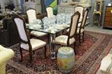 Modern lucite and glass dining table, antique furniture, sarouk carpet, Baccarat crystal stemware