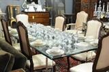 Modern lucite and glass dining table, antique furniture, sarouk carpet, Baccarat crystal stemware
