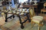 Renaissance style library table, French side chairs, Chinese porcelain urns