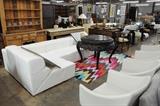 Modern white sectional sofa and club chairs, Chinese carved center table, oak hutch