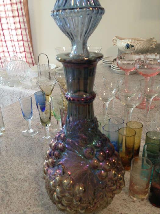 Grape/leaf carnival glass decanter