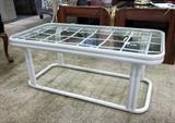 Indoor/Outdoor Glass top coffee table with white metal base