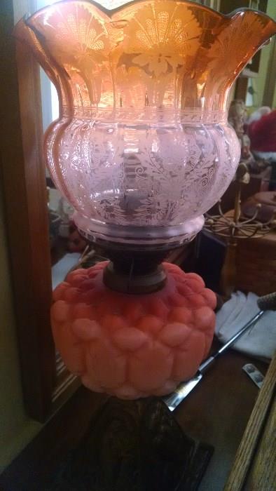 BEAUTIFUL....PINK SATIN GLASS OIL LAMP W/ AMBERINA SHADE...