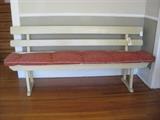 Antique church pew bench with crackle finish and custom seat cushion