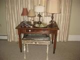 Small desk/table with drawer                                                Relics Reborn side/coffee table with glass top                  Various lamps, brass, iron, ceramic