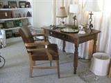 Naugahide wood desk or side chair, oak desk with drawer, lamps, books